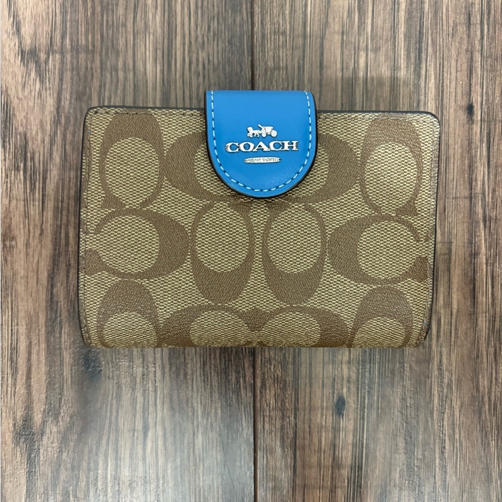 Coach Brown Signature Canvas Wallet with Blue Snap